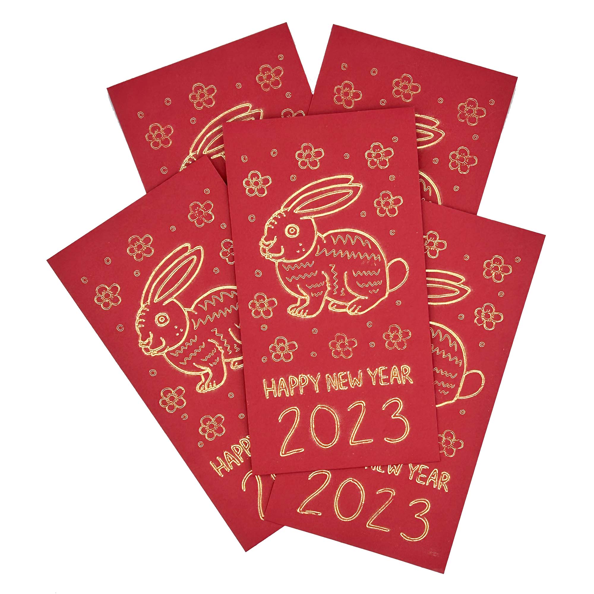 A set of red envelopes featuring a floral rabbit design, symbolizing the Lunar New Year 2023, perfect for gifting lucky money.