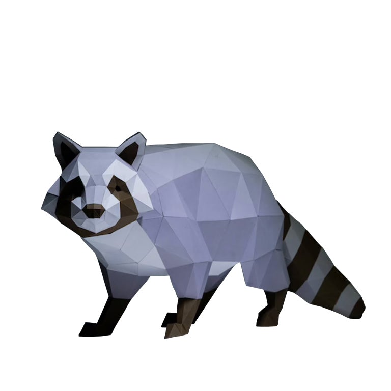 A detailed 3D papercraft raccoon model in grayscale tones, crouched in a sneaky position, showcasing its intricate design and sturdy paper material.