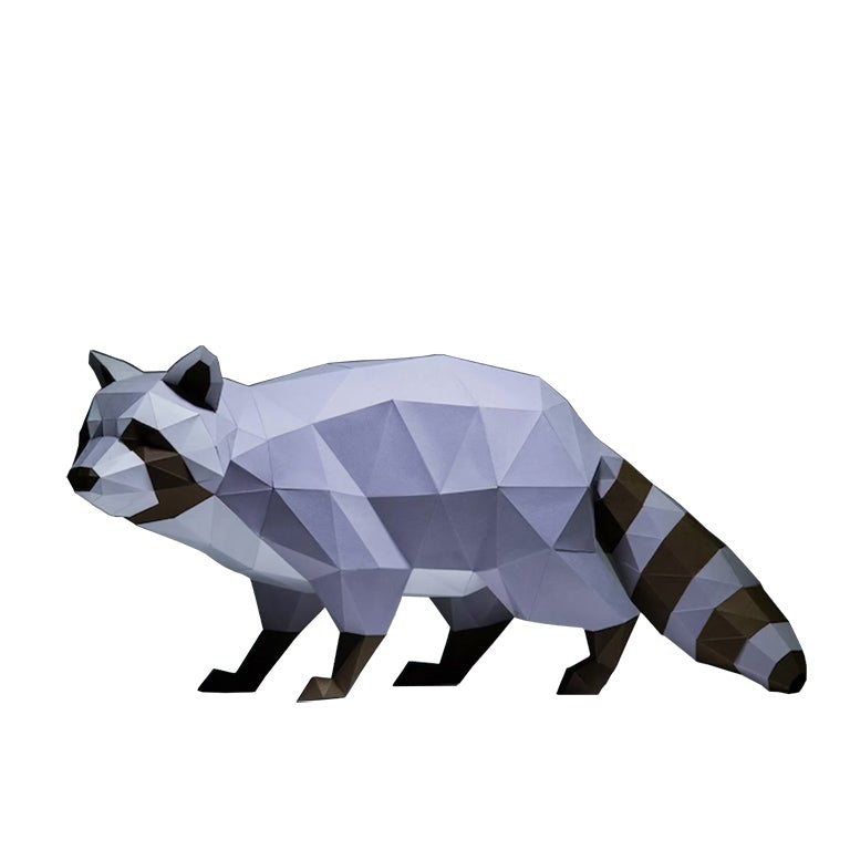 A detailed 3D papercraft raccoon model in grayscale tones, crouched in a sneaky position, showcasing its intricate design and sturdy paper material.