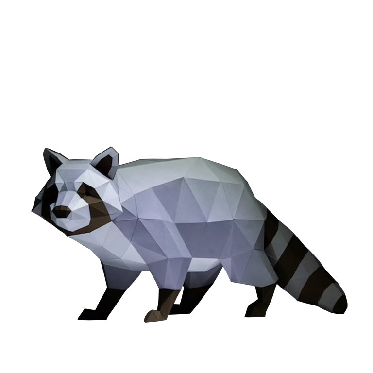 A detailed 3D papercraft raccoon model in grayscale tones, crouched in a sneaky position, showcasing its intricate design and sturdy paper material.