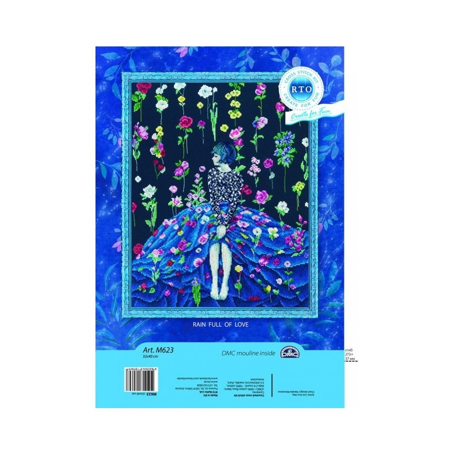 Rain Full of Love M623 Counted Cross Stitch Kit featuring navy Aida fabric, DMC threads, and included accessories.