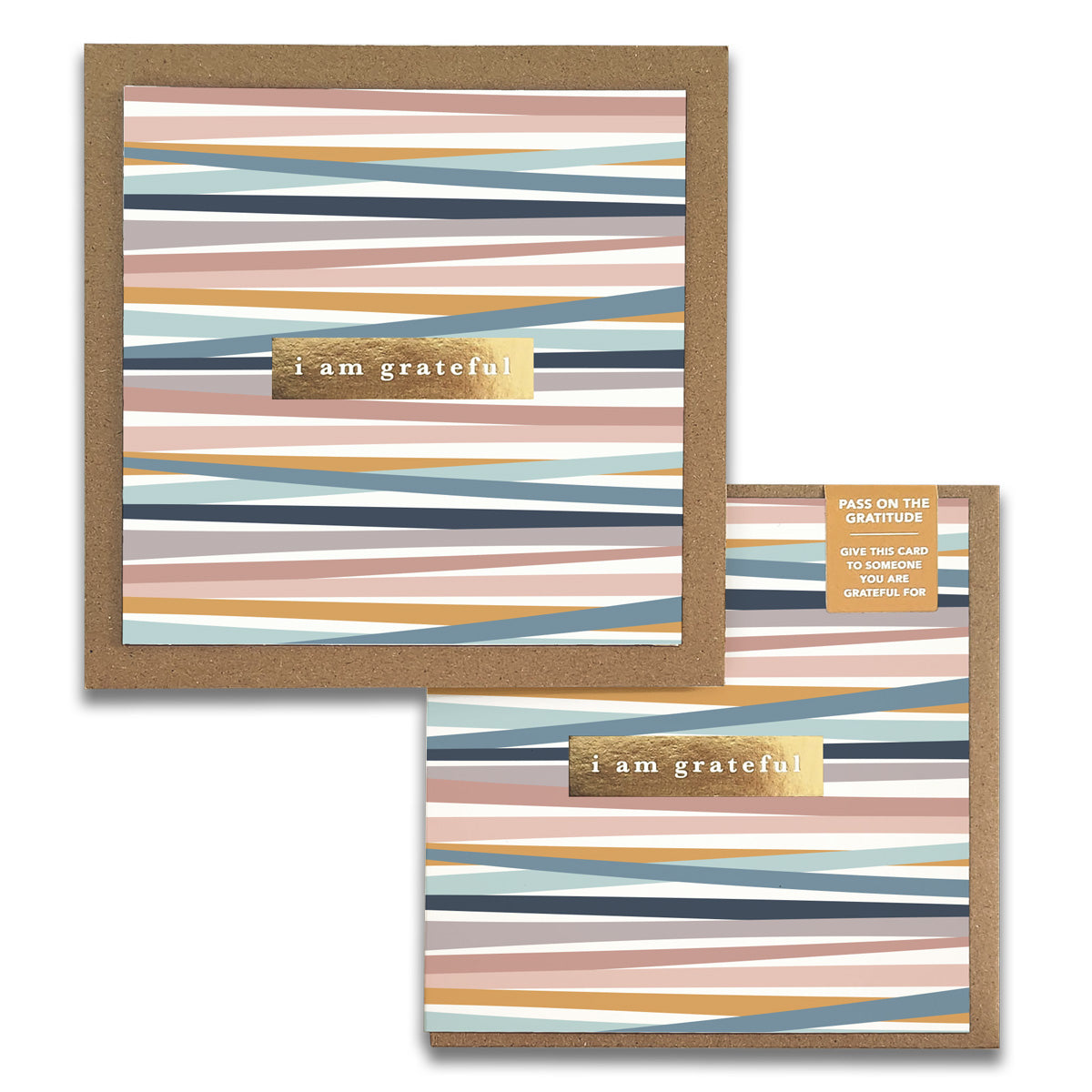 A set of Rainbow Stripes Gratitude Greeting Cards featuring gold foil stamping and rustic kraft envelopes, perfect for expressing appreciation.