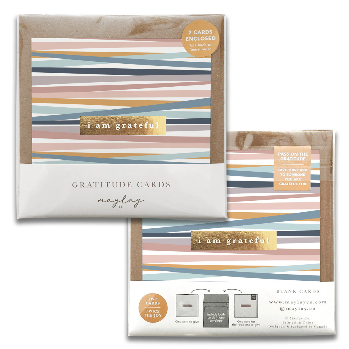 A set of Rainbow Stripes Gratitude Greeting Cards featuring gold foil stamping and rustic kraft envelopes, perfect for expressing appreciation.