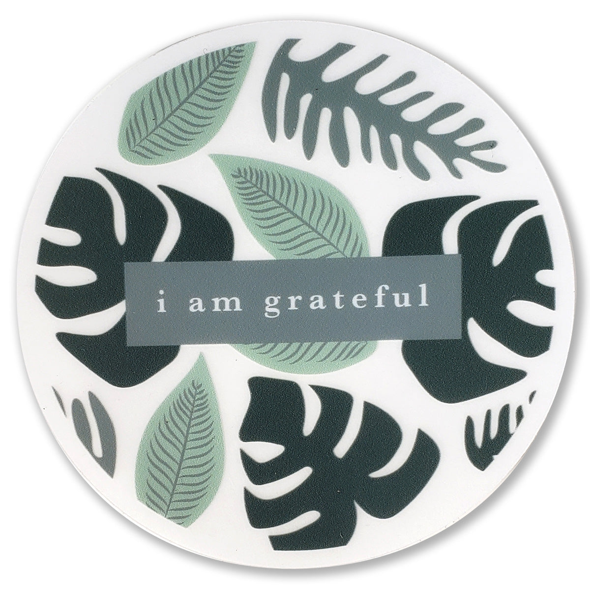 A 3-inch clear sticker featuring the word 'Gratitude' surrounded by a vibrant rainforest design, perfect for daily reminders.