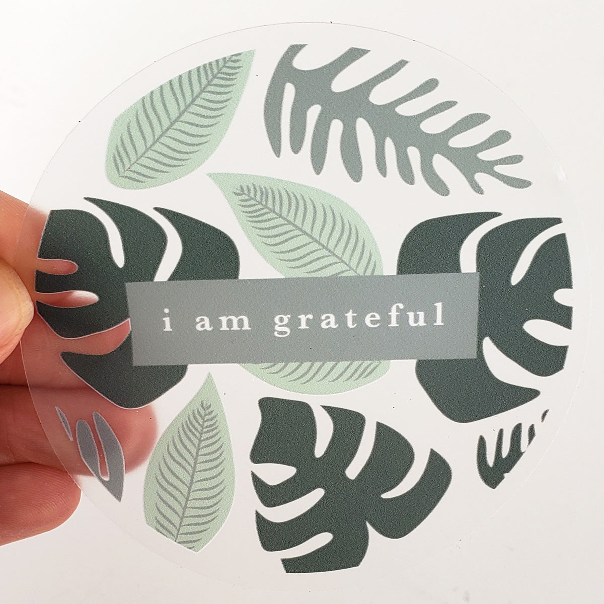 A 3-inch clear sticker featuring the word 'Gratitude' surrounded by a vibrant rainforest design, perfect for daily reminders.