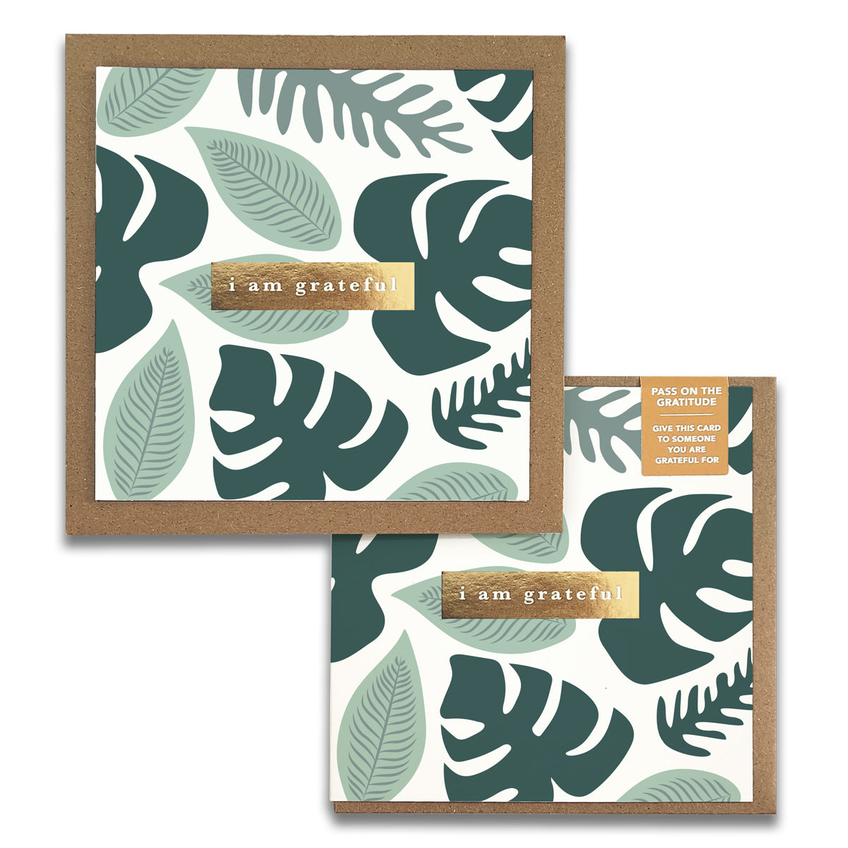 Two elegant Rainforest Gratitude Greeting Cards with gold foil stamping, accompanied by rustic kraft envelopes, showcasing a beautiful design.