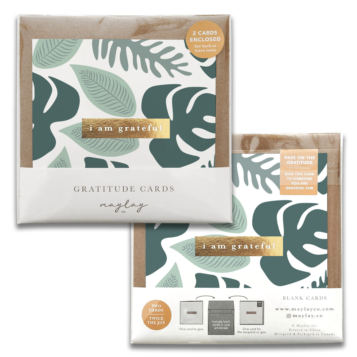 Two elegant Rainforest Gratitude Greeting Cards with gold foil stamping, accompanied by rustic kraft envelopes, showcasing a beautiful design.