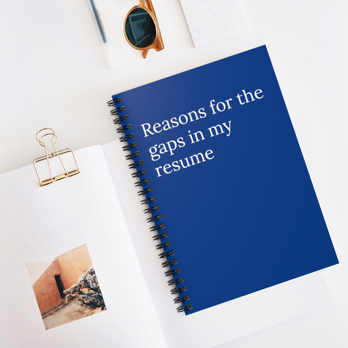 A spiral notebook titled 'Reasons for The Gaps in My Resume' featuring ruled line pages, perfect for office humor.