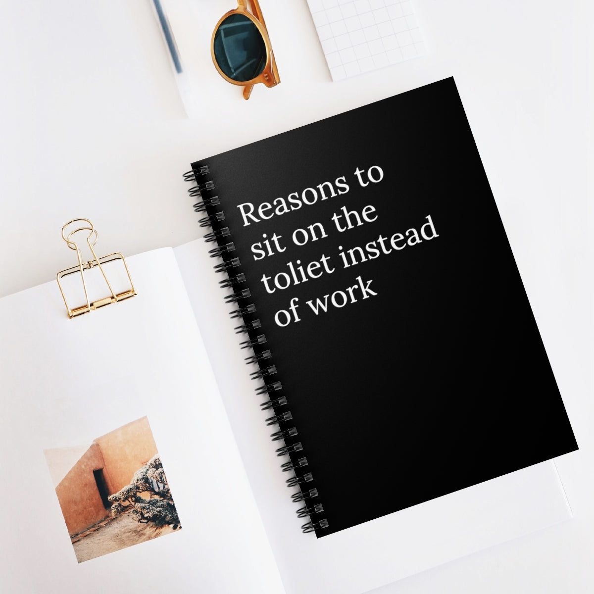 A spiral notebook titled 'Reasons to Sit on the Toilet Instead of Work' featuring a humorous design, ideal for office use.