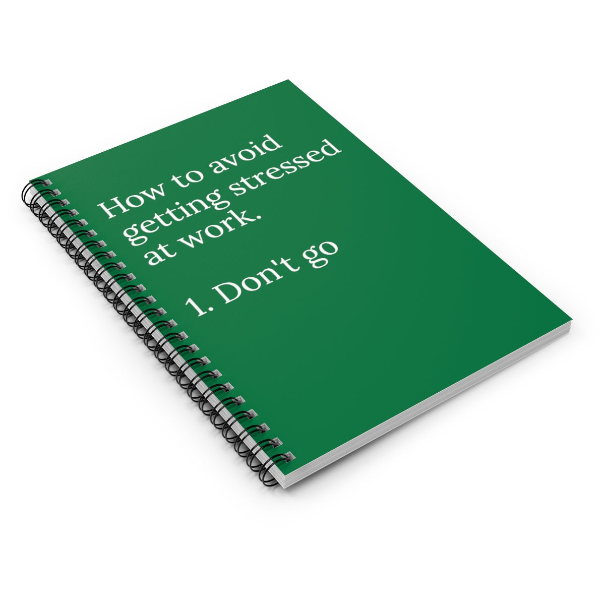 A humorous spiral notebook titled 'Reasons why I'm Stressed out at Work' featuring ruled line pages, perfect for office use.