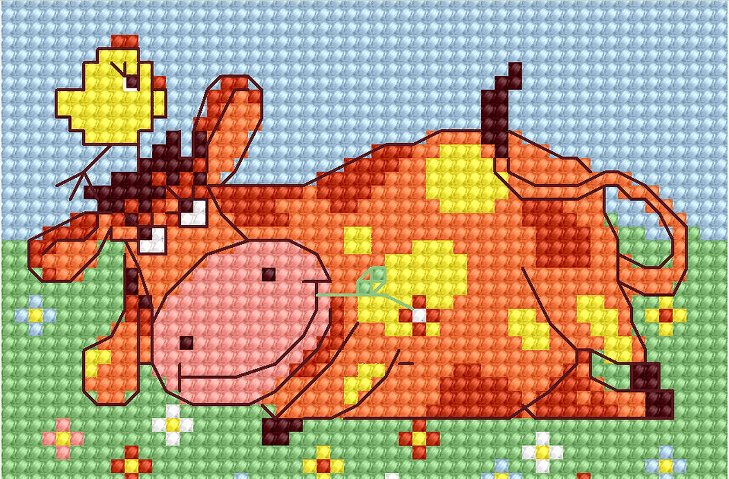 Red Cow B046L Counted Cross-Stitch Kit with Aida canvas, Anchor threads, and needle.