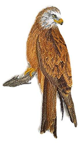 Red Kite Perching embroidered patch showcasing intricate details and vibrant colors, measuring 6.82 inches by 4.89 inches.