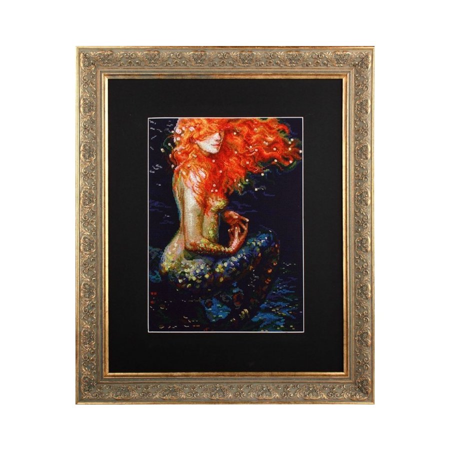 Red Mermaid M596 Counted Cross Stitch Kit with navy Aida fabric and colorful threads.