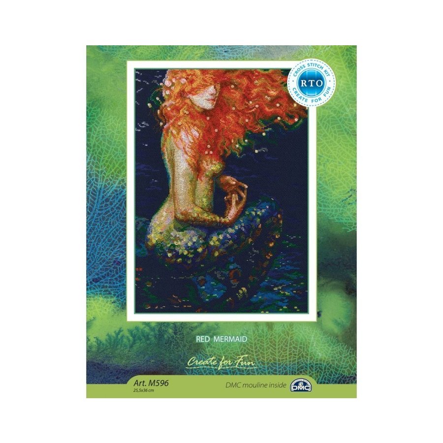 Red Mermaid M596 Counted Cross Stitch Kit with navy Aida fabric and colorful threads.