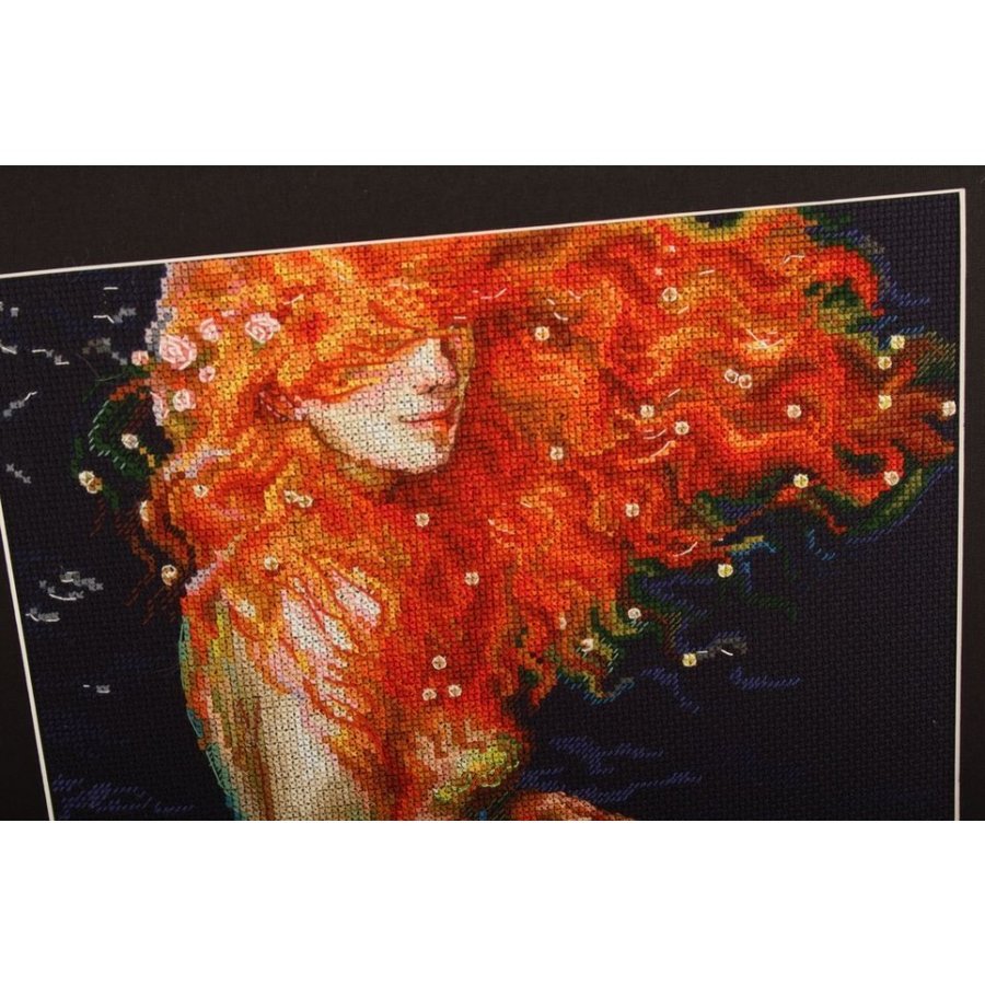 Red Mermaid M596 Counted Cross Stitch Kit with navy Aida fabric and colorful threads.