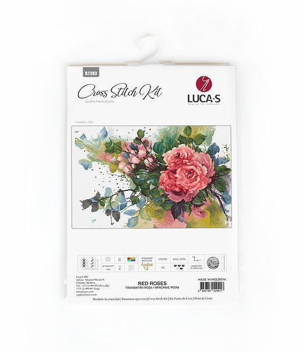 Red Roses B2383L Counted Cross-Stitch Kit featuring vibrant red roses design, Aida canvas, and Anchor threads.