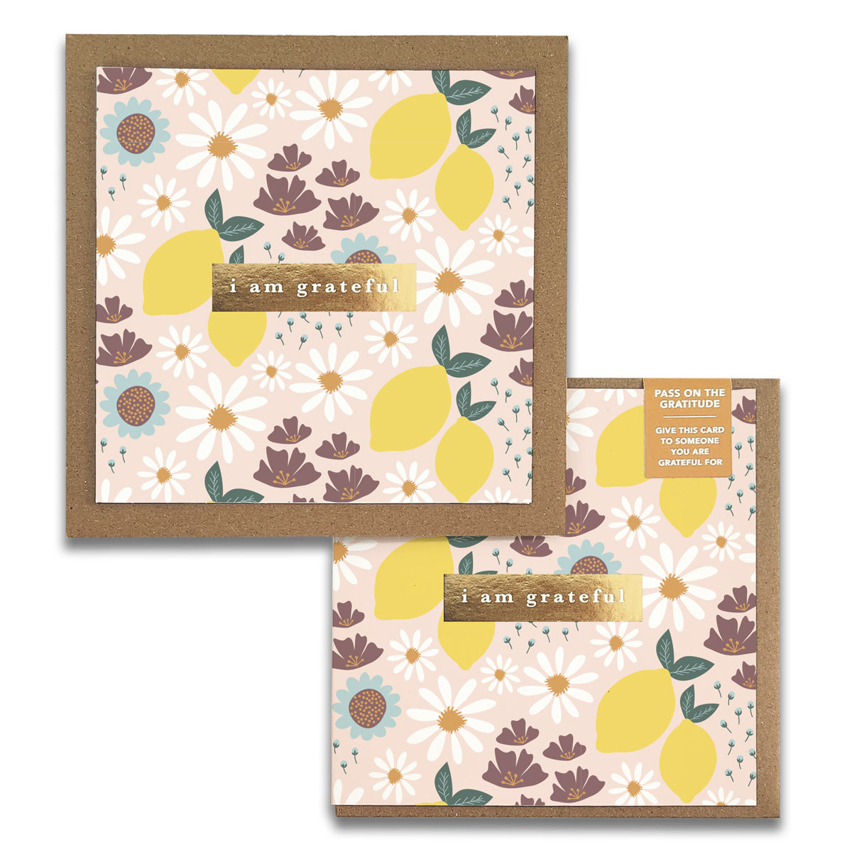 A set of two elegant Gratitude Greeting Cards with gold foil stamping and rustic kraft envelopes, designed to spread positivity.