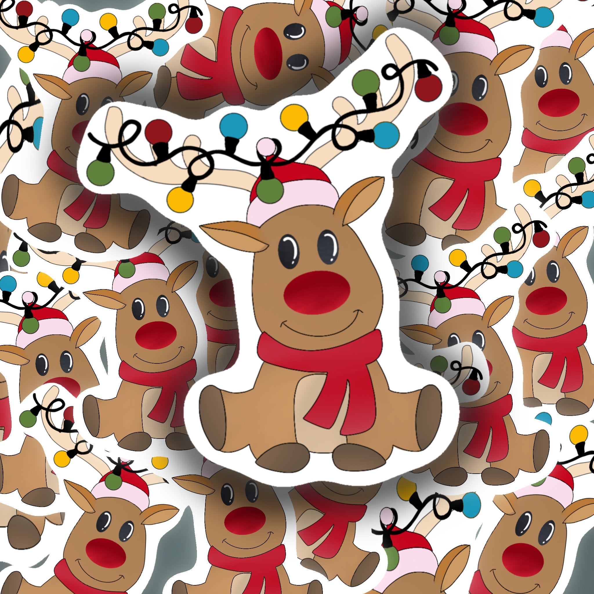 A cute reindeer sticker featuring a whimsical design, perfect for personalizing items like hydroflasks and laptops.