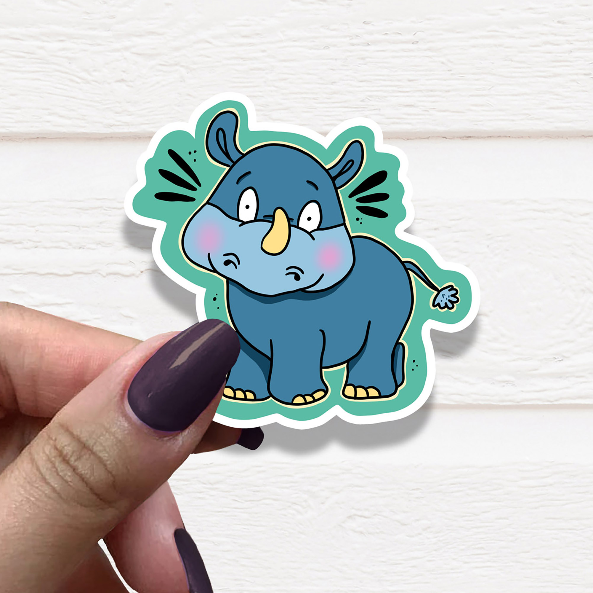 A vibrant Rhino Vinyl Sticker on a white background, showcasing its matte finish and detailed design.