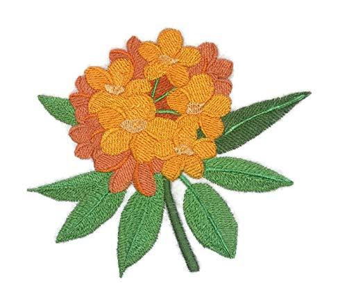 Rhododendron flower embroidered patch on a cotton base, showcasing vibrant colors and intricate design, ideal for iron-on or sewing applications.