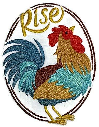 Rise and Shine Rooster embroidered patch featuring vibrant colors and intricate design, measuring 6.57 inches by 4.85 inches.