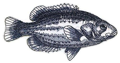 Rock Bass Fish embroidered patch, measuring 5 inches by 2.88 inches, featuring detailed stitching and vibrant colors, suitable for iron-on or sew-on application.