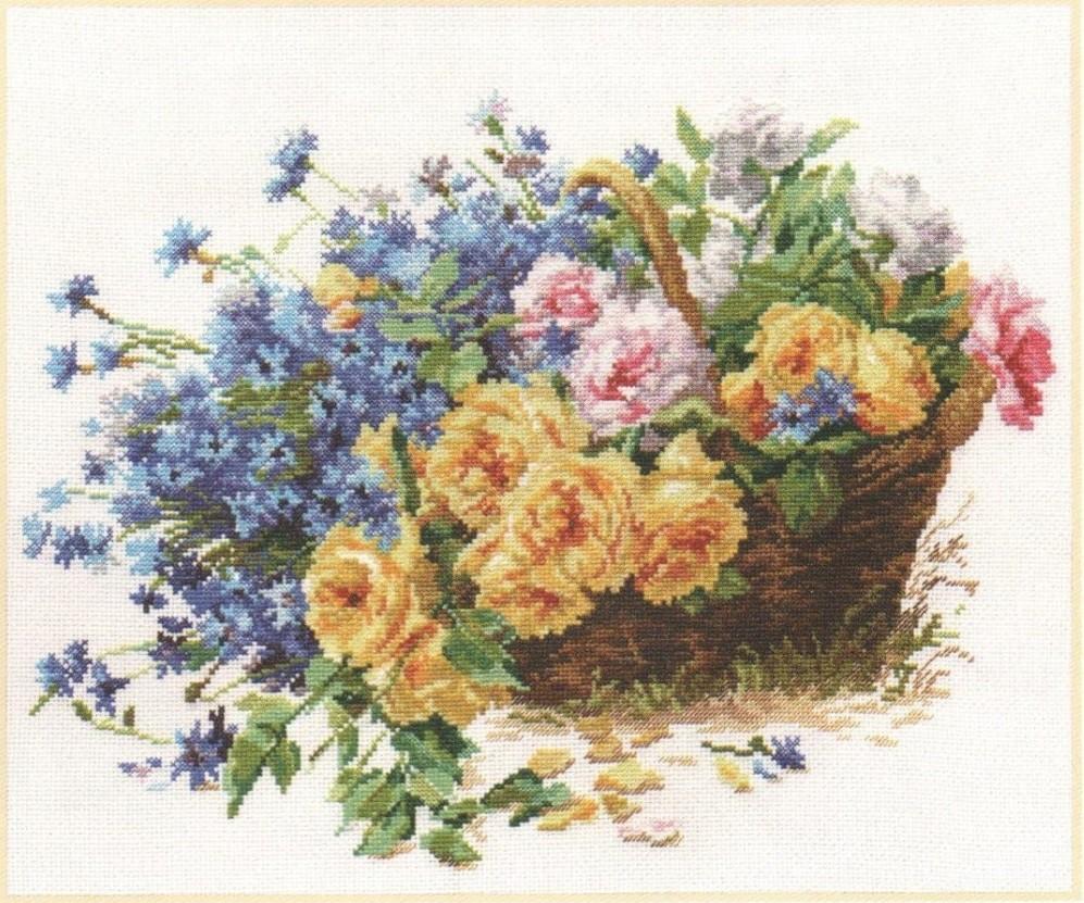 Roses and Cornflowers Counted Cross-Stitch Kit with threads, needle, and white aida fabric.