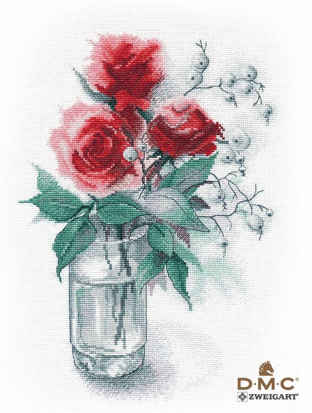 Roses and Snowdrift 1353 Counted Cross Stitch Kit featuring vibrant threads and Zweigart canvas.