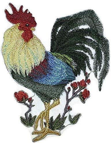 Asian Rooster embroidered patch measuring 6 inches by 4.8 inches, showcasing vibrant colors and intricate embroidery on a cotton base.