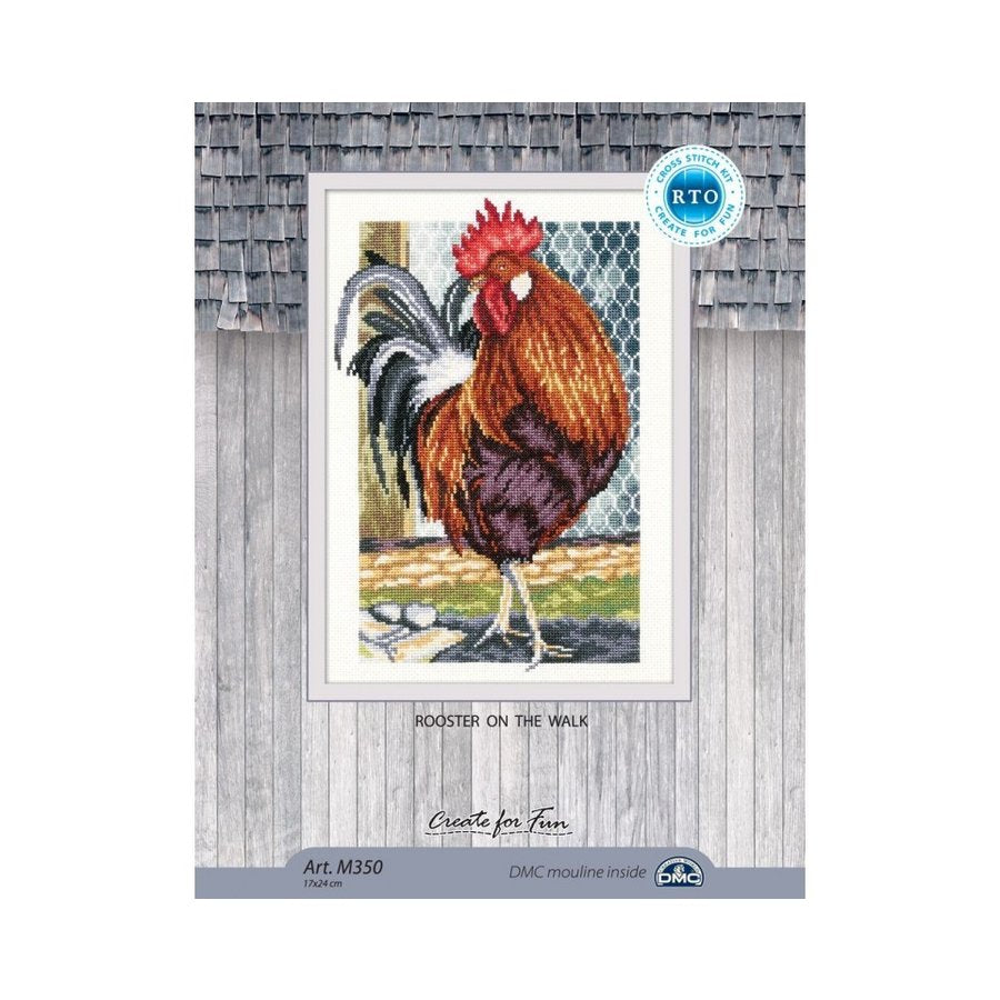 A detailed Rooster on the Walk M350 Counted Cross Stitch Kit featuring ecru Aida fabric, colorful threads, and a stitching chart.