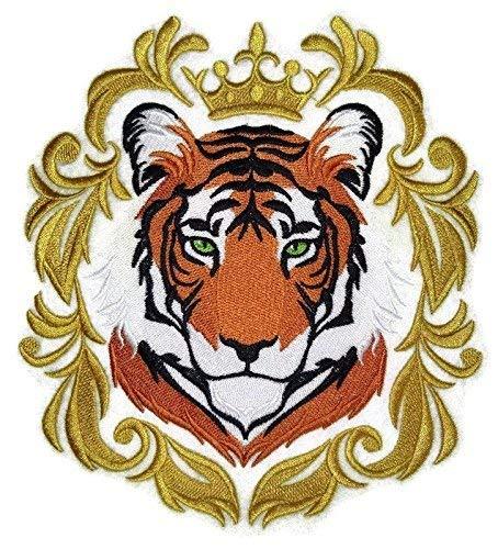 Royal Bengal Tiger embroidered patch featuring intricate details and vibrant colors, measuring 6.9 inches by 7.6 inches, suitable for iron-on or sewing.