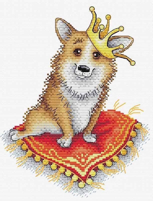 Royal Corgi SM-512 Counted Cross-Stitch Kit featuring Aida canvas, colorful threads, and design chart.