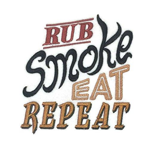 Rub, Smoke, Eat, Repeat embroidered patch on a garment, showcasing its vibrant design and quality stitching.