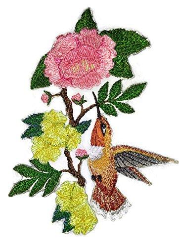 Rufous Hummingbird embroidered patch on a white background, showcasing vibrant colors and intricate stitching details.