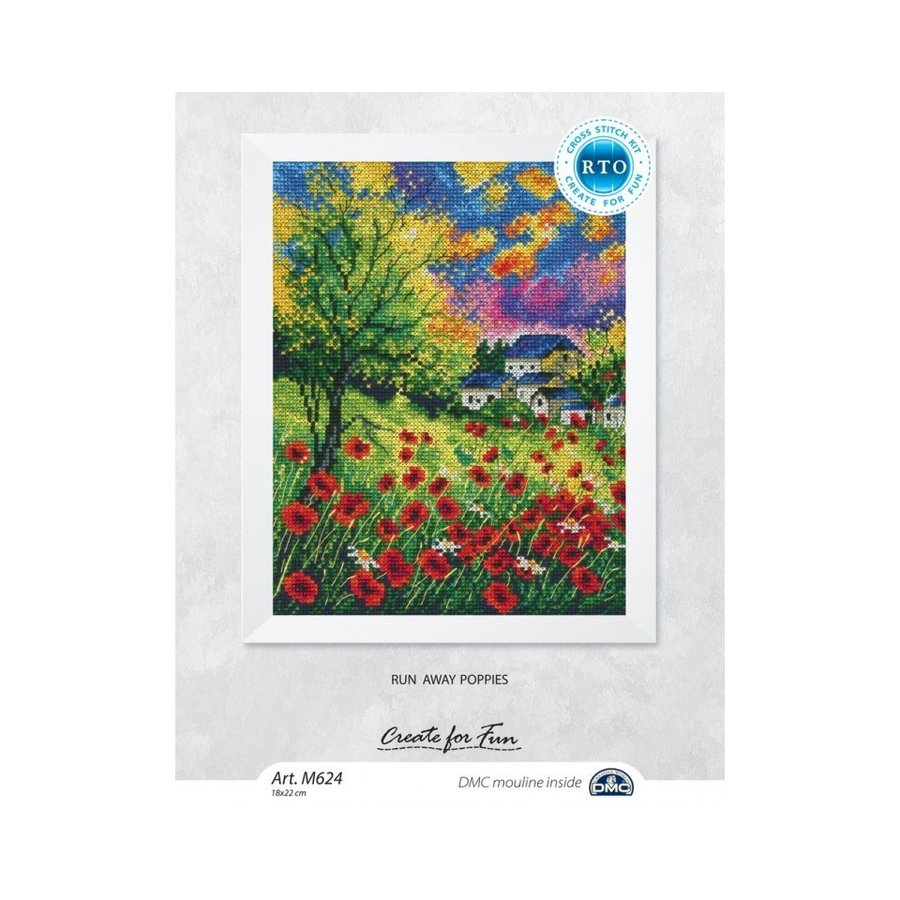 Run Away Poppies M624 Counted Cross Stitch Kit featuring navy Aida fabric, colorful threads, and detailed instructions.