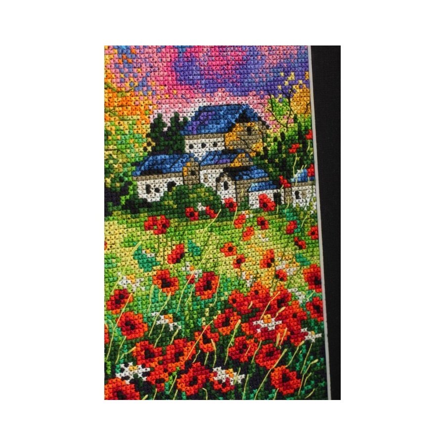 Run Away Poppies M624 Counted Cross Stitch Kit featuring navy Aida fabric, colorful threads, and detailed instructions.