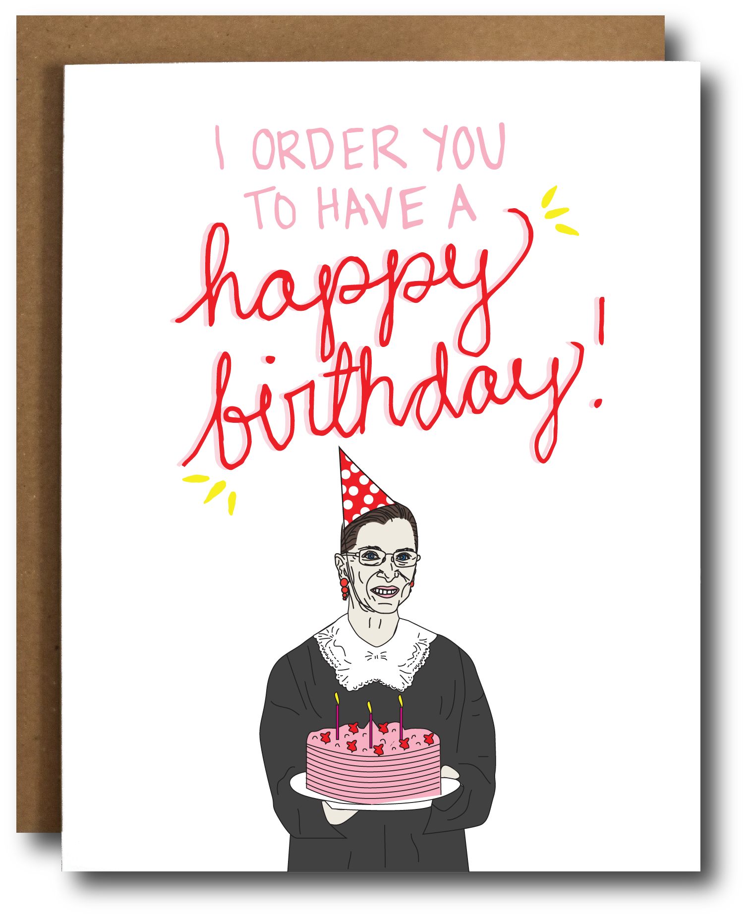 Ruth Bader Ginsburg 'Happy Birthday' card featuring SCOTUS order design, blank inside, with Kraft envelope.