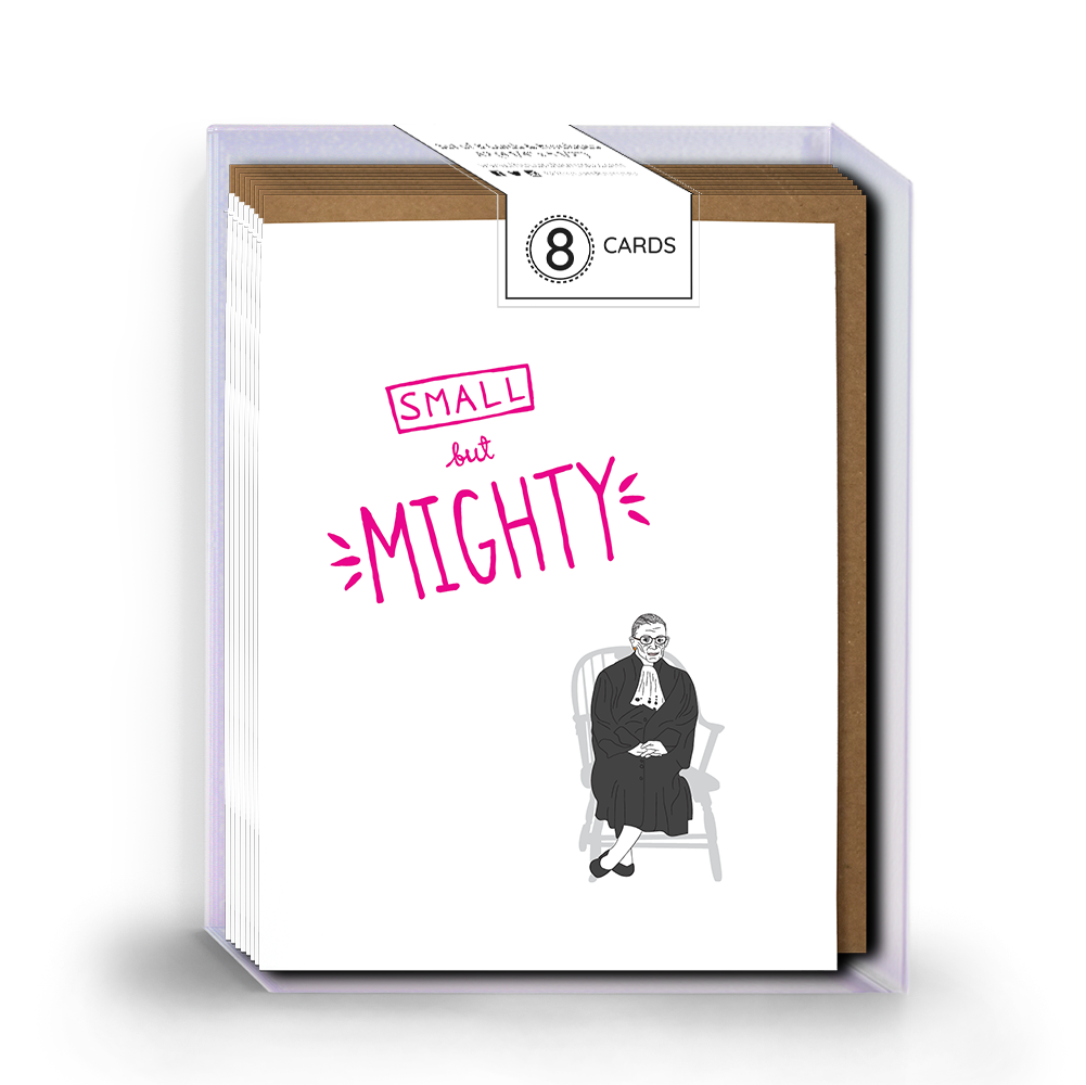 Ruth Bader Ginsburg 'Small but Mighty' card featuring an original illustration, blank inside, with a kraft envelope and plastic sleeve.