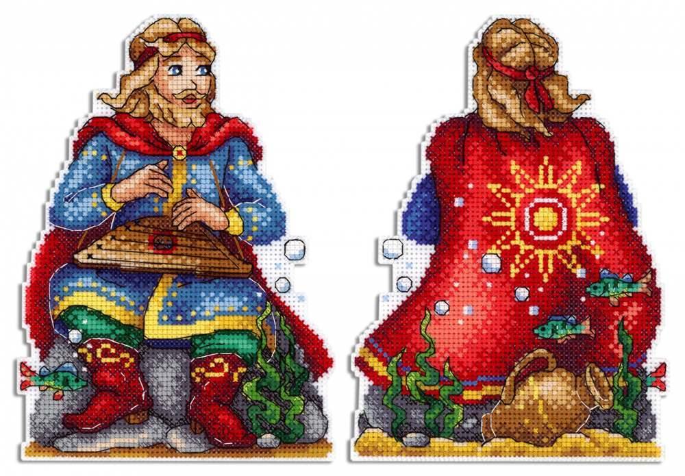 Sadko in the Underwater Kingdom SR-573 counted cross stitch kit featuring colorful threads and plastic canvas.