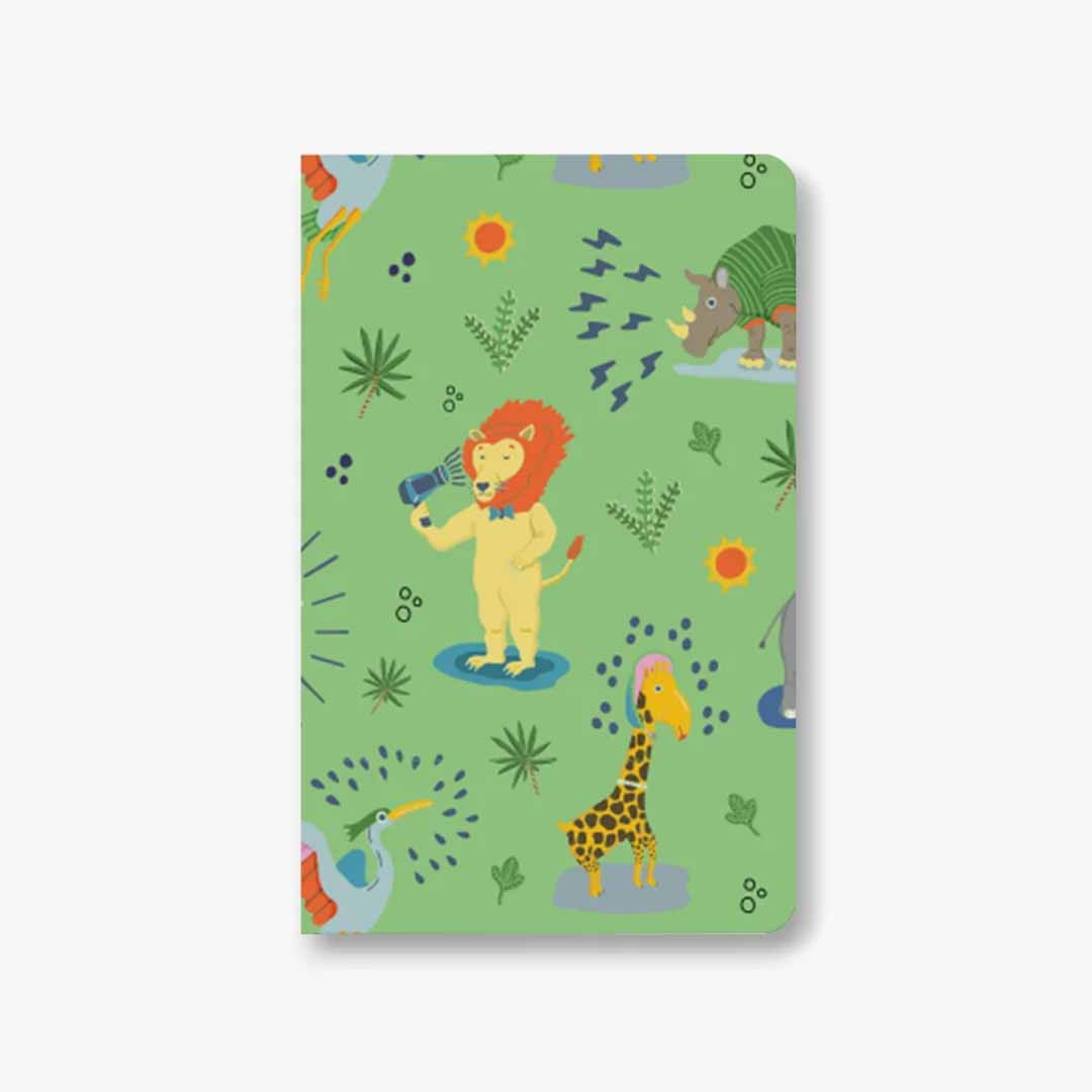 Safari Softcover Pocket Notebook featuring vibrant safari creatures designed by Erwin Ong, with a velvety smooth water-resistant cover.