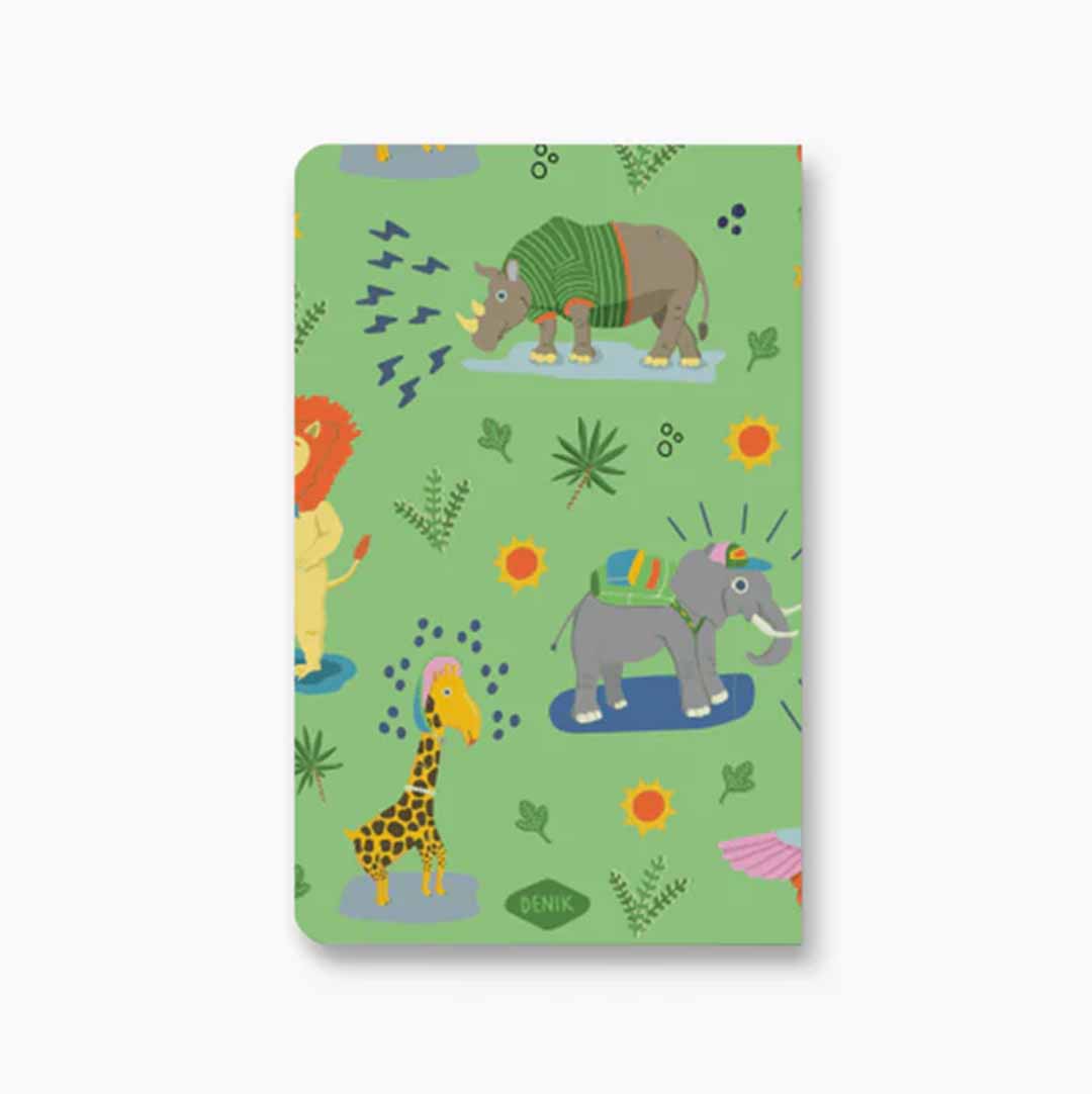 Safari Softcover Pocket Notebook featuring vibrant safari creatures designed by Erwin Ong, with a velvety smooth water-resistant cover.