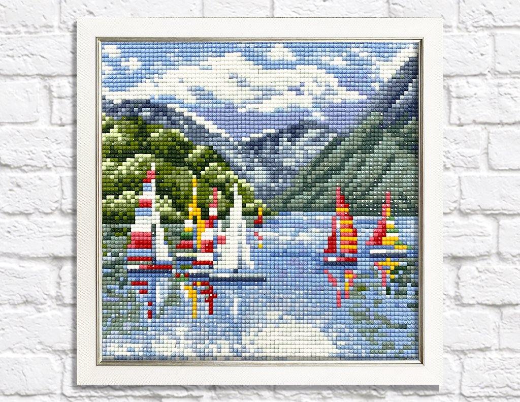 Sailing Ships CS2623 diamond painting kit with tools and pre-sorted acrylic diamonds, showcasing vibrant colors and detailed design.