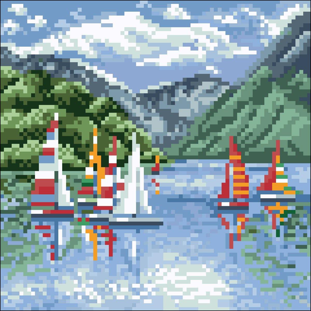 Sailing Ships CS2623 diamond painting kit with tools and pre-sorted acrylic diamonds, showcasing vibrant colors and detailed design.