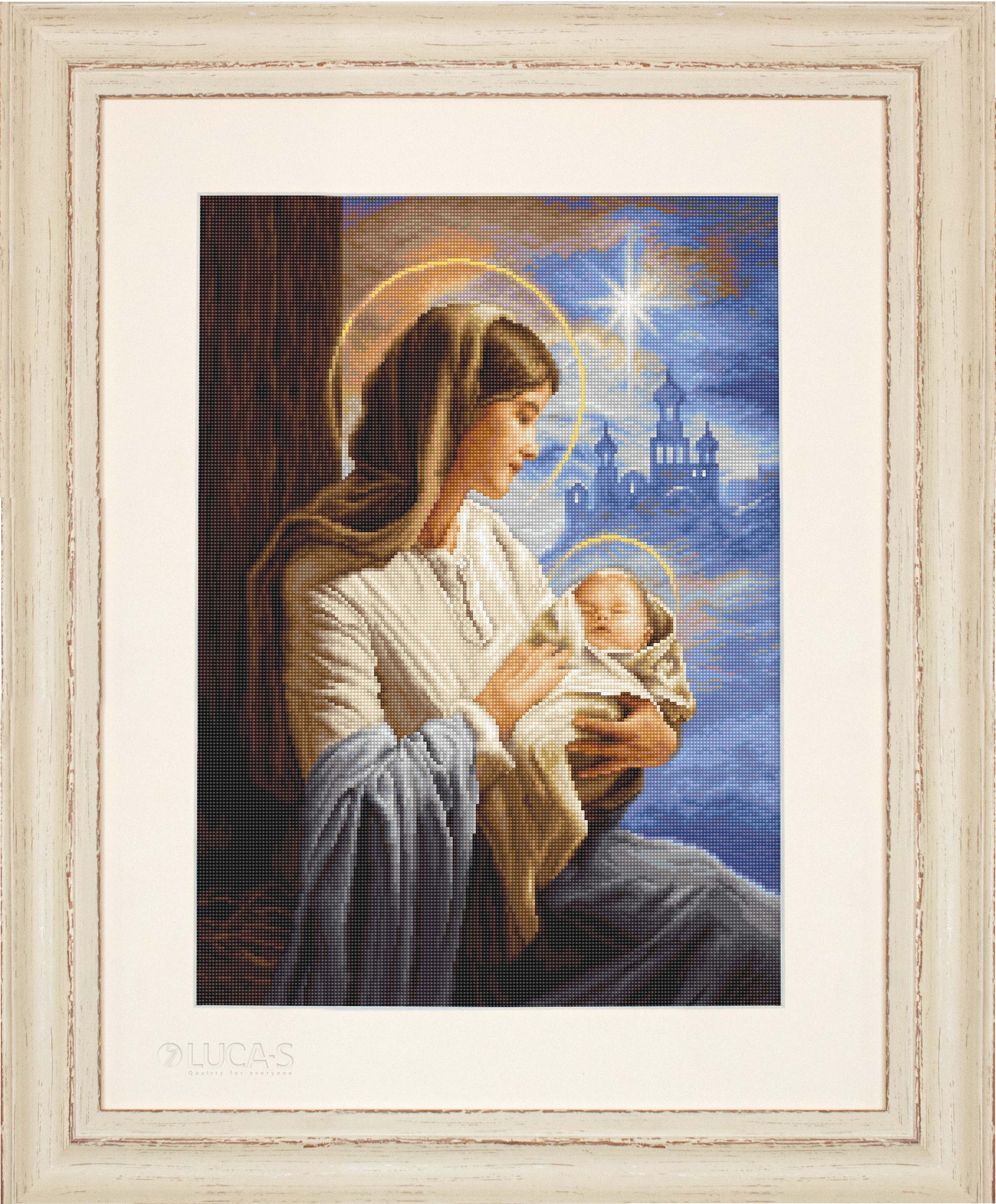 Saint Mary and The Child Counted Cross-Stitch Kit featuring Aida canvas, colorful threads, and needle for crafting.