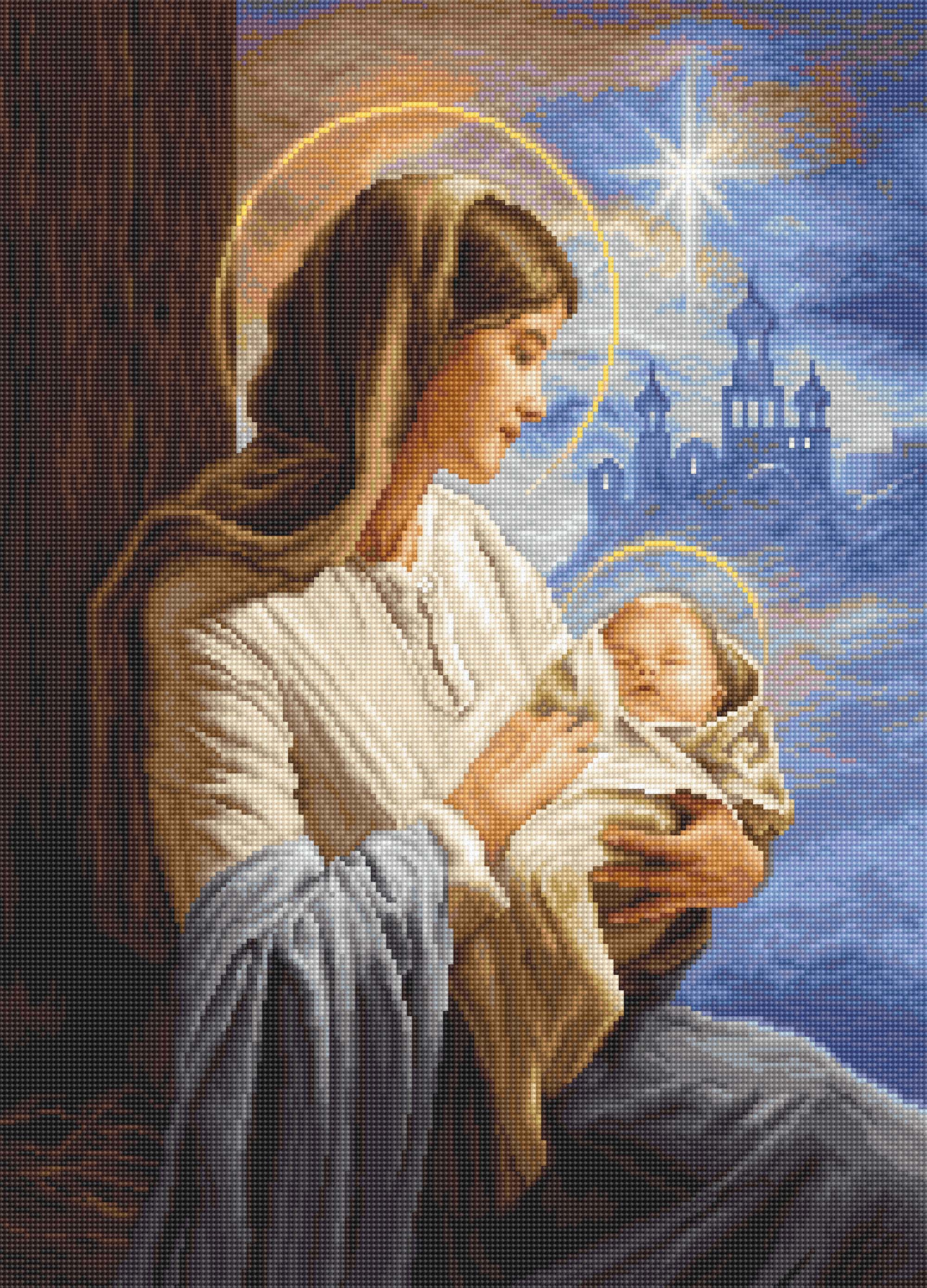 Saint Mary and The Child Counted Cross-Stitch Kit featuring Aida canvas, colorful threads, and needle for crafting.