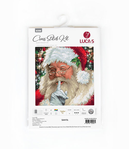 Santa B2398L Counted Cross-Stitch Kit with colorful threads, Aida canvas, and needle, perfect for holiday crafting.