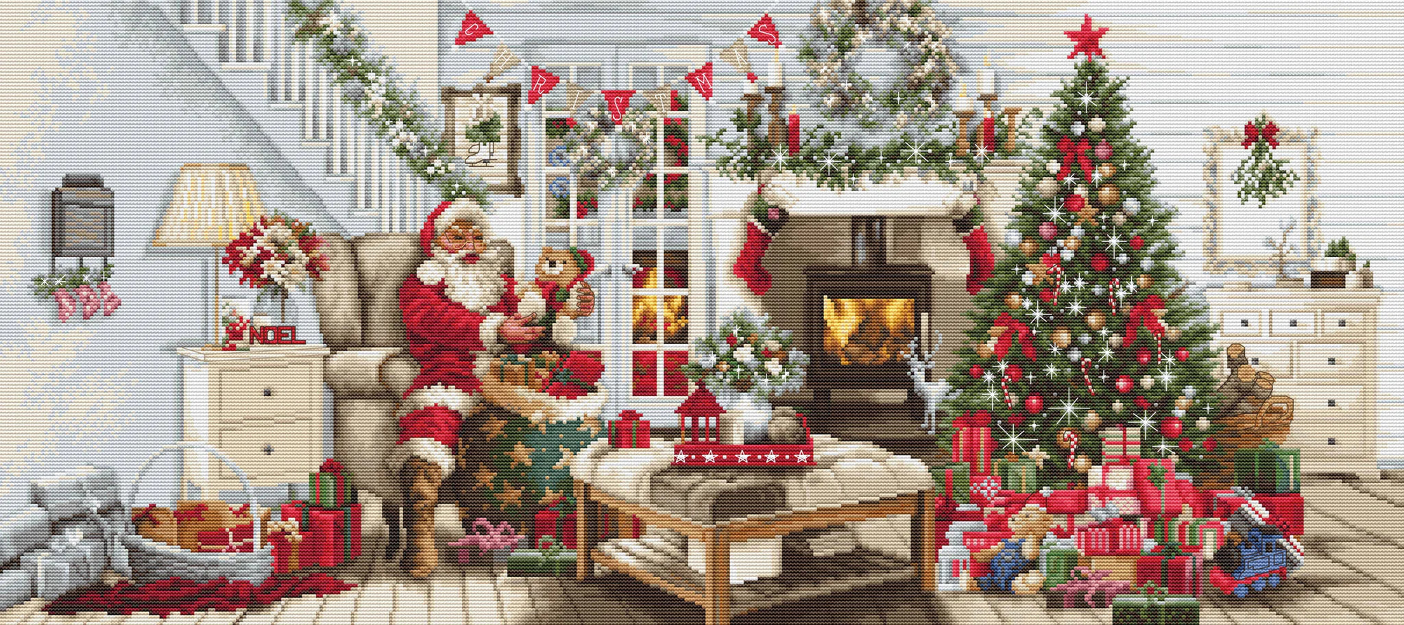 Santa interior B2408L counted cross-stitch kit with colorful threads and canvas.