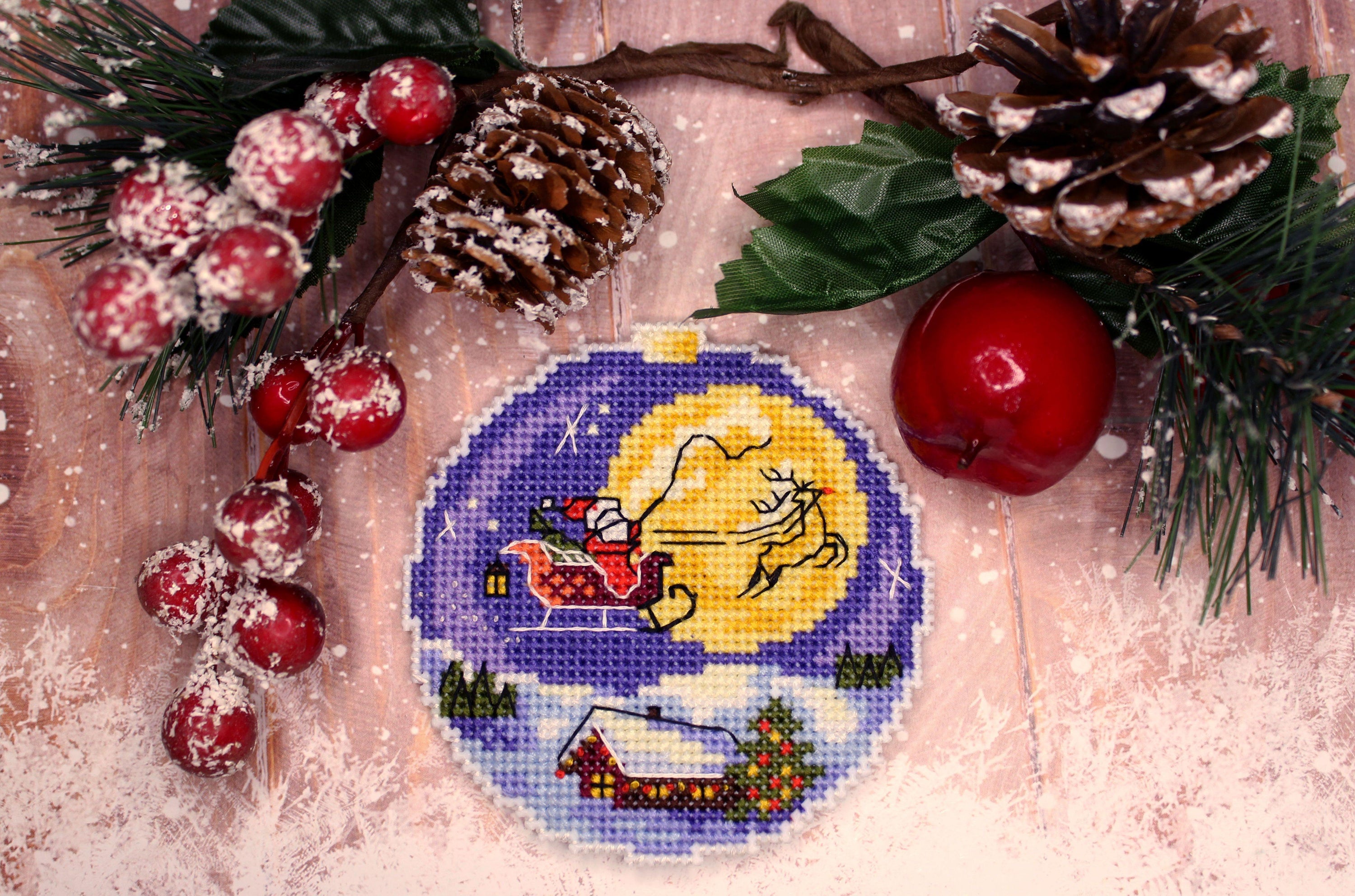 Santa SR-690 Plastic Canvas Counted Cross Stitch Kit with threads, needle, and instructions, featuring a colorful design.