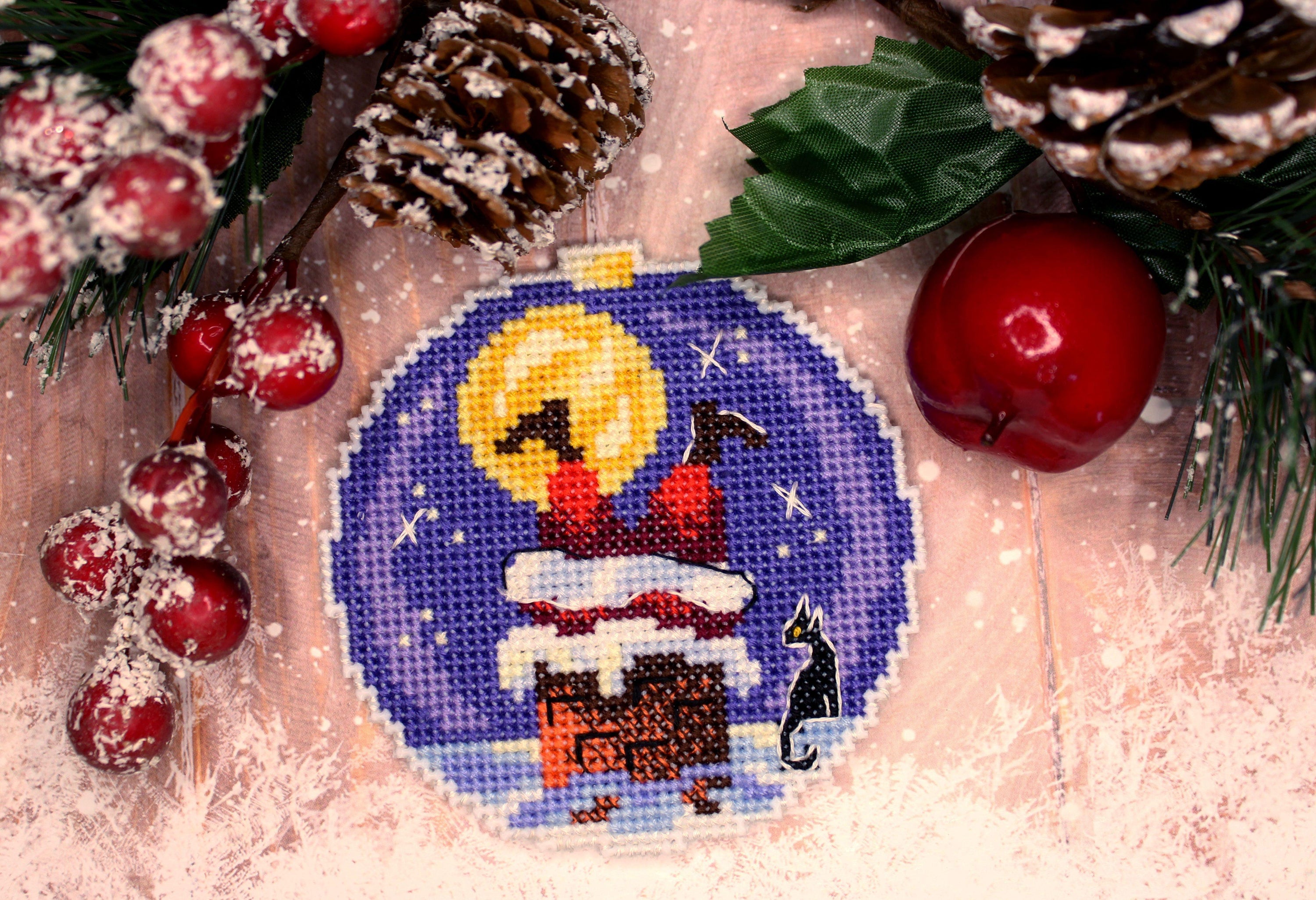 Santa SR-690 Plastic Canvas Counted Cross Stitch Kit with threads, needle, and instructions, featuring a colorful design.