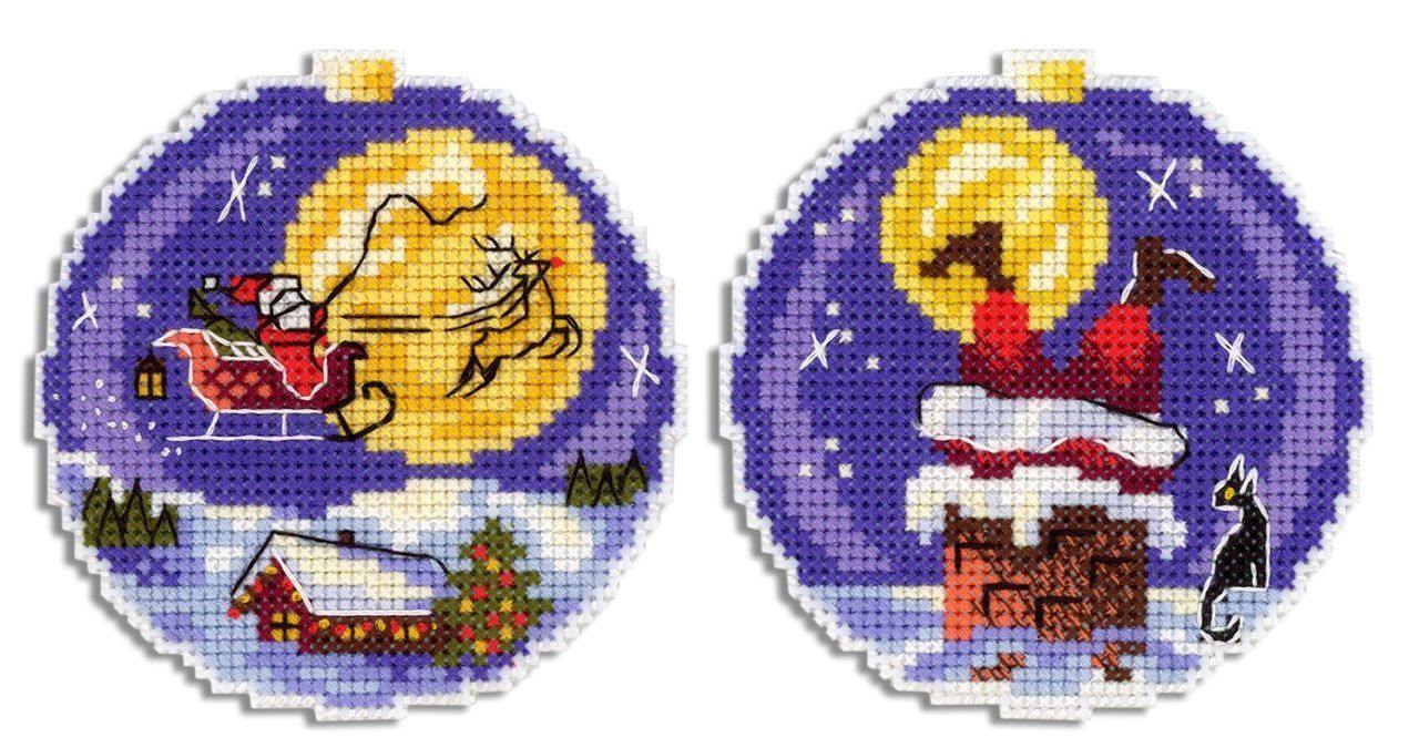 Santa SR-690 Plastic Canvas Counted Cross Stitch Kit with threads, needle, and instructions, featuring a colorful design.